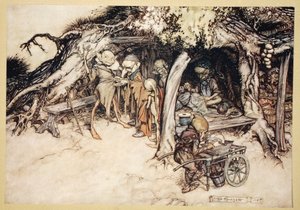 小さなエルフのコートを作るために、ウィリアムシェイクスピア作「真夏の夜の夢」のイラスト、1908年 作： Arthur Rackham